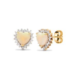 18E182 | 18ct yellow gold Natural Diamond 29pt and opal 84pt heart stud earrings.