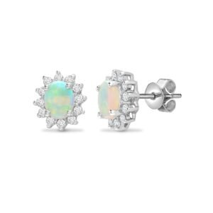 18E184 | 18ct White gold Natural Diamond 19pt and opal 37pt stud earrings.