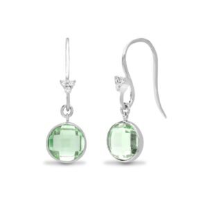 18E255 | 18ct White gold Natural Diamond 5pt and green amethyst 2.55ct drop earrings with a shepherds hook fixing.