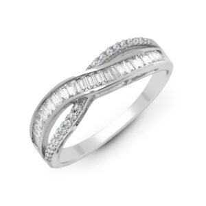 18ct White 0.48ct Natural Diamond RBC & Baguette Crossover Ring