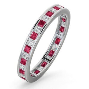 18ct White Gold Channel Set Princess Cut Full Eternity Ring Natural Diamond 0.50ct Ruby 0.60ct G VS