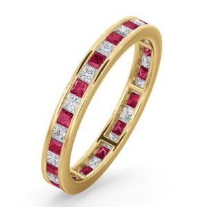 18ct Yellow Gold Channel Set Princess Cut Full Eternity Ring Natural Diamond 0.50ct Ruby 0.60ct G VS