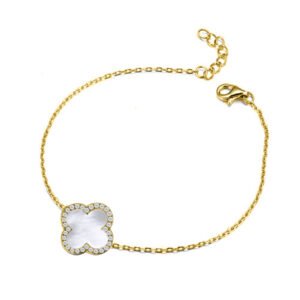 ABB242-GP | 925 Silver 14ct gold Plated CZ Set Single Clover Bracelet MOP White Colour
