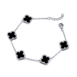 ABB249 | 925 Silver Rhodium CZ Set 5 Clover Bracelet Black Onyx Colour