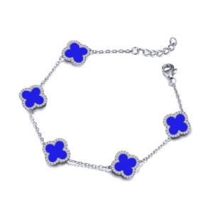 ABB251 | 925 Silver Rhodium CZ Set 5 Clover Bracelet  Blue Agate Colour