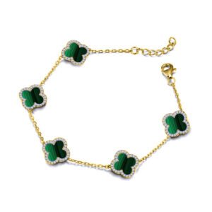 ABB252-GP | 925 Silver 14ct gold Plated CZ Set  5 Clover Bracelet  Malachite Green