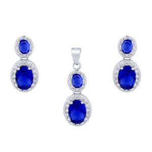 925 Silver Rhodium Princess Kate Sapphire Centre CZ Earrings and Pendant Set