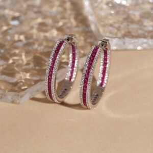925 Silver Red & White CZ Set Hoop Earrings 18mm