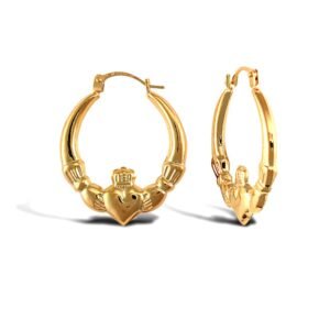 AER180-GP | 925 Sterling Silver 14k Gold Plated polished Claddagh creole earrings
