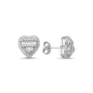 AES140 | 925 Silver CZ Brilliant and Baguette Cut Heart Stud Earrings