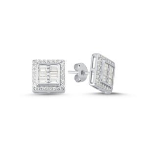 AES141 | 925 Silver CZ Brilliant and Baguette Cut Square Stud Earrings