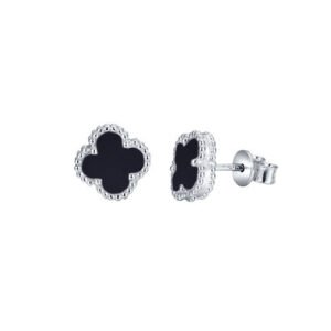 925 Silver Rhodium Clover Stud Earrings Onyx