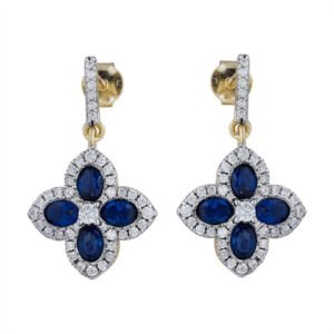 925 Silver 14ct Gold Plate CZ Set Clover Drop Earrings Blue