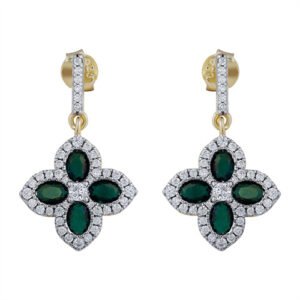 925 Silver 14ct Gold Plate CZ Set Clover Drop Earrings Green
