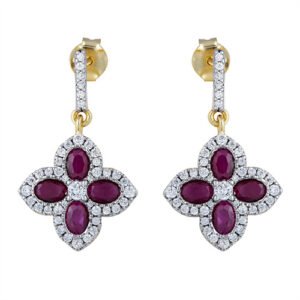 925 Silver 14ct Gold Plate CZ Set Clover Drop Earrings Red