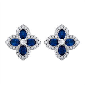 925 Silver 14ct Gold Plate CZ Set Clover Stud Earrings Blue