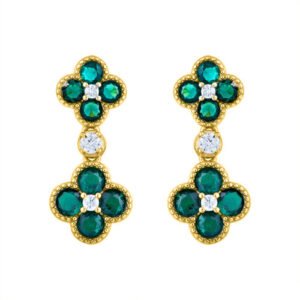 925 Silver 14ct Gold Plate CZ Set Clover Drop Earrings Green
