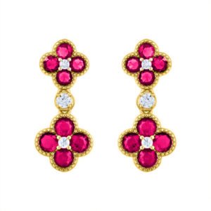 AES229R | 925 Silver 14ct Gold Plate CZ Set Clover Drop Earrings Red
