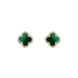 AES261-GP | 925 Silver 14ct gold Plated  CZ Set 5 Clover  Stud Earrings  Malachite Green