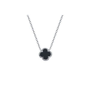 925 Silver Rhodium Clover Necklace Onyx