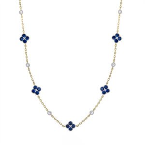 925 Silver 14ct Gold Plated CZ Set Clover Necklace Blue