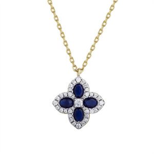 925 Silver 14ct Gold Plated CZ Set Clover Necklace Blue