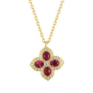 925 Silver 14ct Gold Plated CZ Set Clover Necklace Red