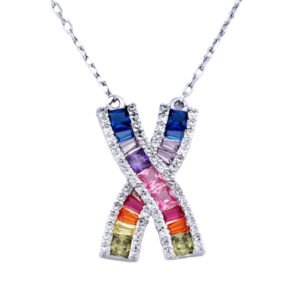 ANC091 | 925 Silver Rhodium Plated Multi Col CZ Set Kisses Necklace
