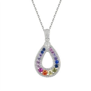 925 Silver Rhodium Plated Multi Col CZ Set Oval Necklace
