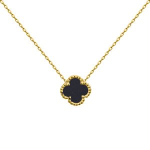 ANC098-GP | 925 Silver 14ct gold Plated Single Clover Necklace Black Onyx Colour