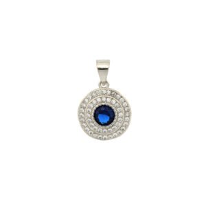 925 Silver Rhodium Halo Pendant Sapphire Centre CZ