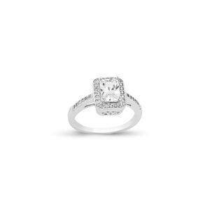 925 Silver CZ Emerald Cut Centre Halo Ring