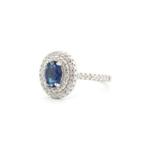 925 Silver Rhodium CZ Set Oval Cluster Sapphire Blue Centre