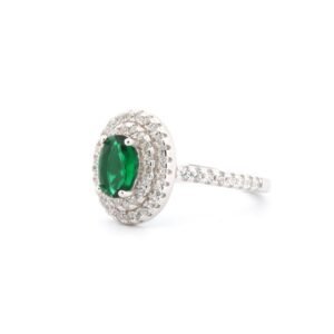 925 Silver Rhodium CZ Set Oval Cluster Emerald Green Centre