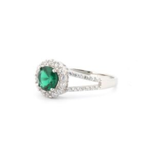 925 Silver Rhodium CZ Set Round Cluster Emerald Green Centre