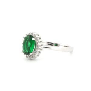 925 Silver Rhodium CZ Set Oval Cluster Emerald Green Centre