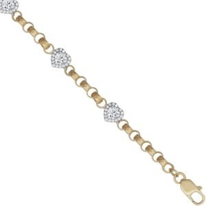 9ct Yellow Gold CZ Heart Cluster Belcher Bracelet