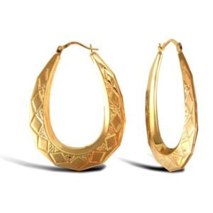 9ct yellow gold pear-shaped Diamond Cut creole earrings.