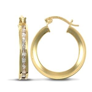 9ct yellow gold creole Hoop Earrings channel set with cubic zirconia stones.