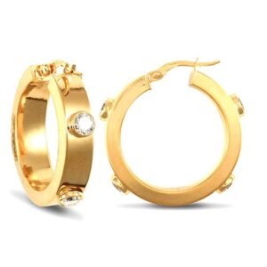 9ct yellow gold 6mm square-tube hoop creole earrings with rub-over set cubic zirconia stones.