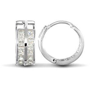 JER524 | 9ct white gold huggie Hoop Earrings channel set with 2 rows of Princess cut cubic zirconia stones.