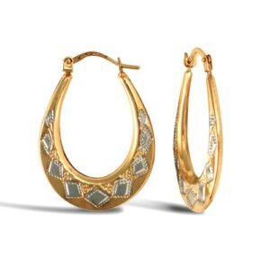 9ct yellow and white gold pear-shaped Diamond Cut creole earrings.