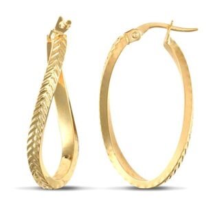 9ct yellow gold super light twisting oval shaped creole Hoop Earrings with a plaited textured pattern.