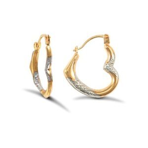 9ct yellow and white Diamond Cut gold heart creole earrings.