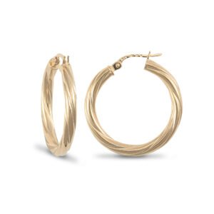 JER823C | 14ct yellow gold 3mm round-tube twisted creole Hoop Earrings