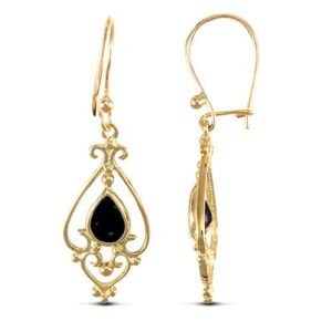 JES117 | 9ct yellow gold chandelier drop earrings set with a single pear-shaped sapphire.