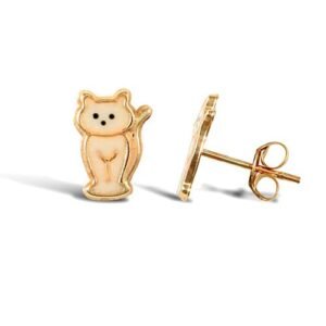 JES272 | 9ct yellow gold cat stud earrings with an enamelled design