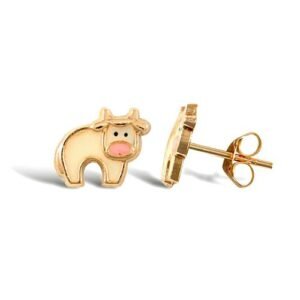 JES278 | 9ct yellow gold cow stud earrings with an enamelled design