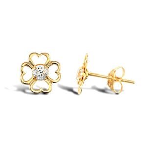 JES294 | 9ct yellow gold open heart shaped petal design flower stud earrings with inset cubic zirconia's