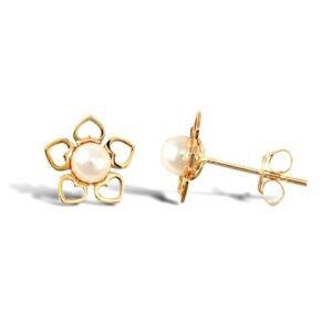 JES299 | 9ct yellow gold open heart shaped petal design flower stud earrings with inset pearl